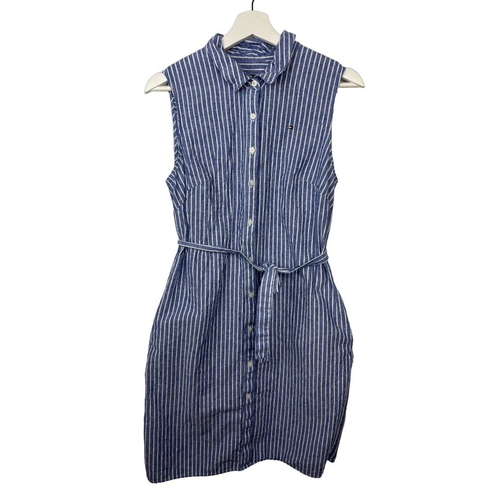 Tommy Hilfiger Shirt Dress Sz 10 Women Blue White Sleeveless Belt Striped Preppy